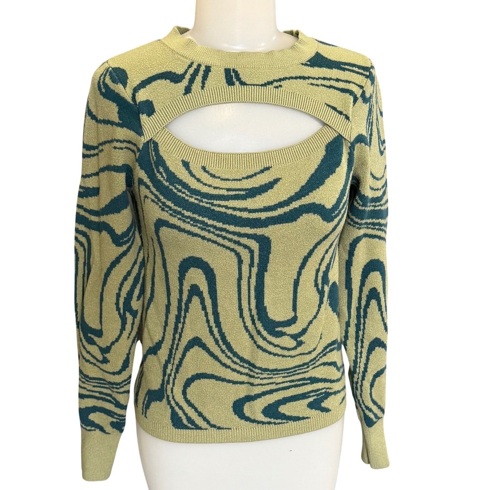 Willow + Root Womens Medium‎ Sweater Green Teal Marble Cutout Keyhole Abstract